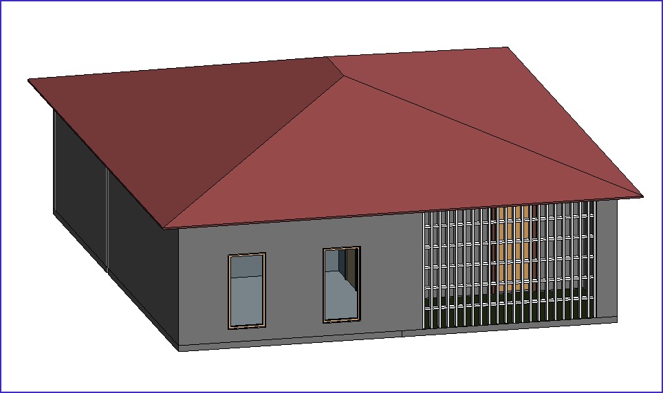Como fazer telhado no Revit; imagem da interface do revit com destaque paravista 3D de casa com telhado de inclinação 30%