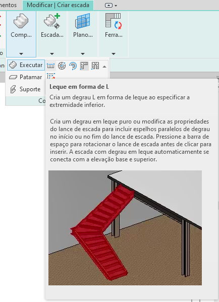 Tutorial sobre como criar escadas no Revit: imagem da tela do Revit com destaque para a ferramenta "leque em forma de L"