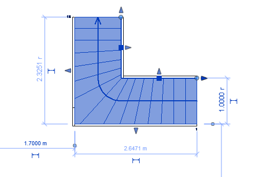 Tutorial sobre como criar escadas no Revit: imagem da tela do Revit com destaque para o desenho da escada leque em forma de L