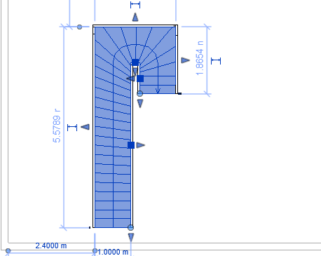 Tutorial sobre como criar escadas no Revit: imagem da tela do Revit com destaque para o desenho da escada leque em forma de U irregular