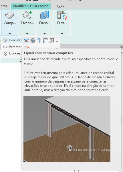 Tutorial sobre como criar escadas no Revit: imagem da tela do Revit com destaque para a opção de escada espiral com degraus completos