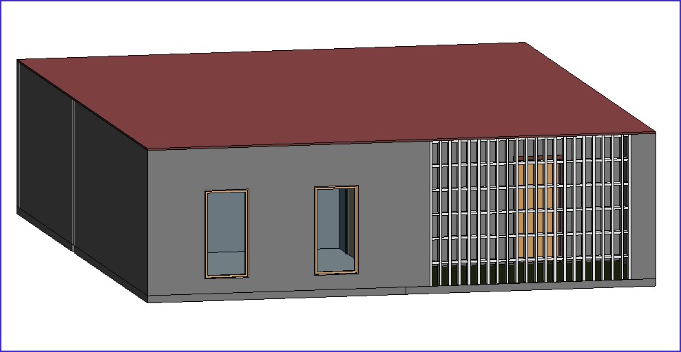 Como fazer telhado no Revit; imagem da interface do revit com destaque paravista 3D de casa com telhado plano