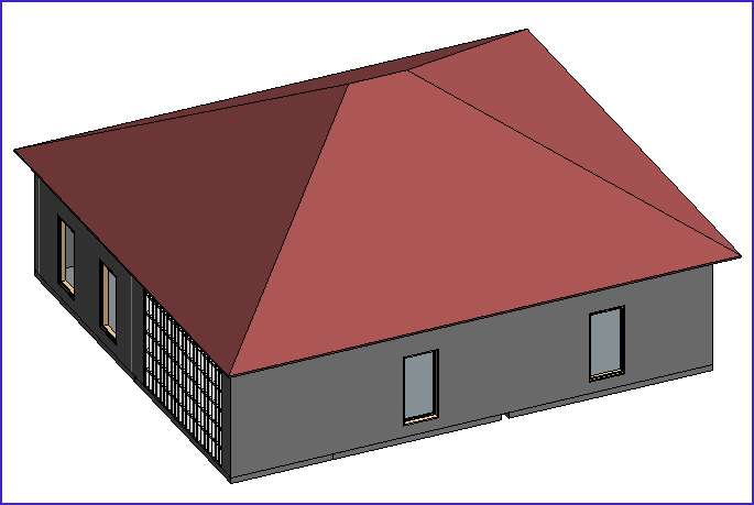 Como fazer telhado no Revit; imagem da interface do revit com destaque paravista 3D de casa com telhado com 4 quedas d'água