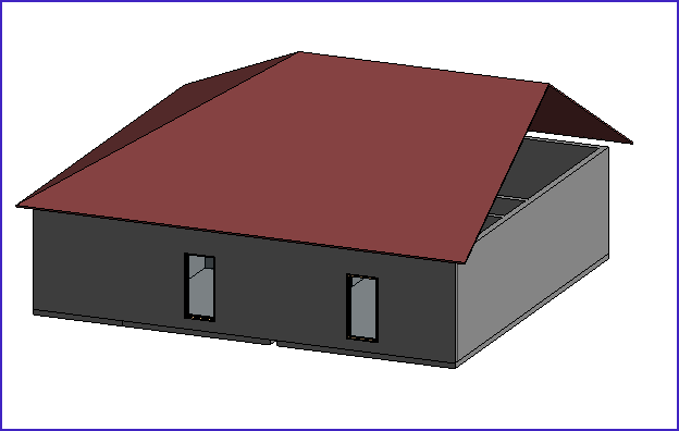 Como fazer telhado no Revit; imagem da interface do revit com destaque para a vista 3D de telhado com 3 quedas d'água