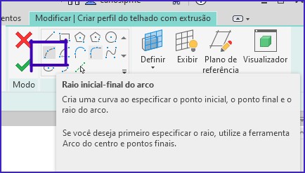 Como fazer telhado no Revit; imagem da interface do revit com destaque para ferramenta auxiliar de desenho "raio inicial-final do arco"
