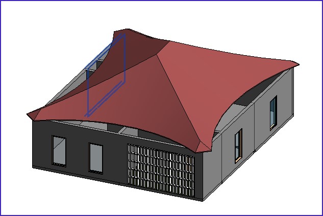 Imagem 3D de casa com telhado estilizado