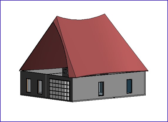 Imagem 3D de casa com telhado estilizado