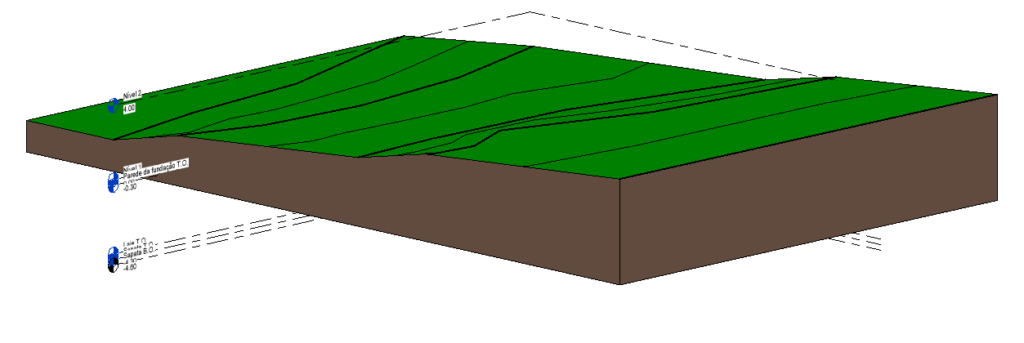 imagem 3D colorida, com superfície verde e estrutura inferior marrom, do terreno feito no revit 2024