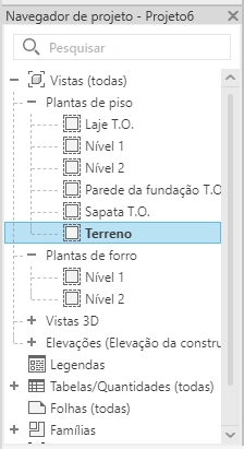 Imagem do painel "navegador de projeto" durante o processo de criação de terreno com Revit