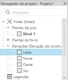 Imagem destacando a opção "Elevações" no painel do revit durante o processo de criação de planta de piso no revit