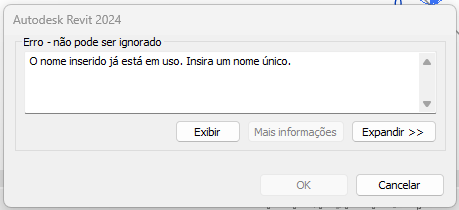 Imagem da tela do Revit com destaque para caixa de diálogo gerada ao tentar atribuir o mesmo nome a níveis diferentes