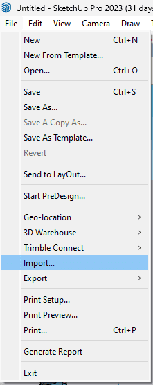 print de tela do computador durante processo de exportação do Revit para o Sketchup