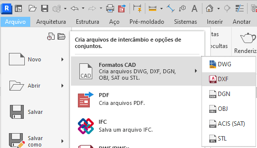 Vista de painel do Revit na opção para exportar do Revit para o Sketchup