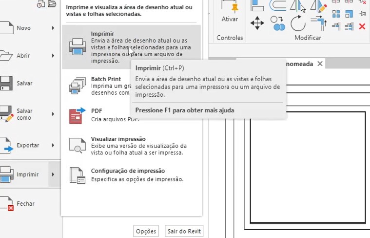 Imagem da tela do revit durante o processo de impressão no Revit