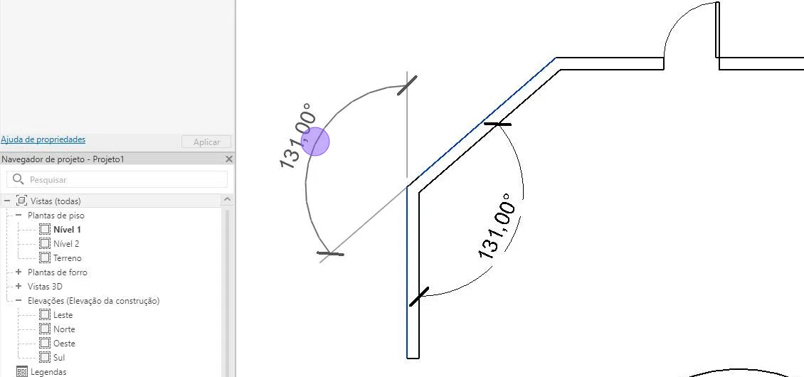 Screenshot of: Para ângulos externos é a mesma coisa, porém, perceba que o Revit toma como referência os quadrantes contíguos às interseções entre as retas