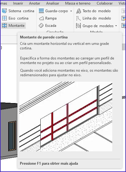 Como fazer telhado no Revit; imagem da interface do revit com destaque para a ferramenta montante