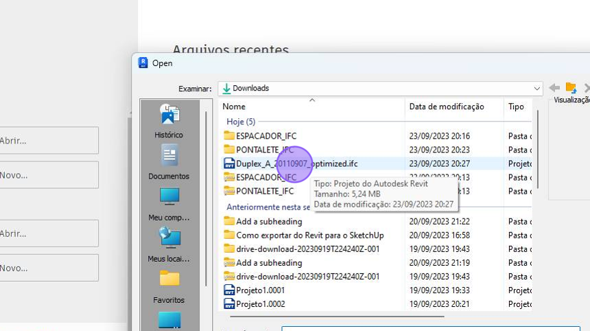 Screenshot of: Selecione o arquivo IFC que você quer abrir no Revit