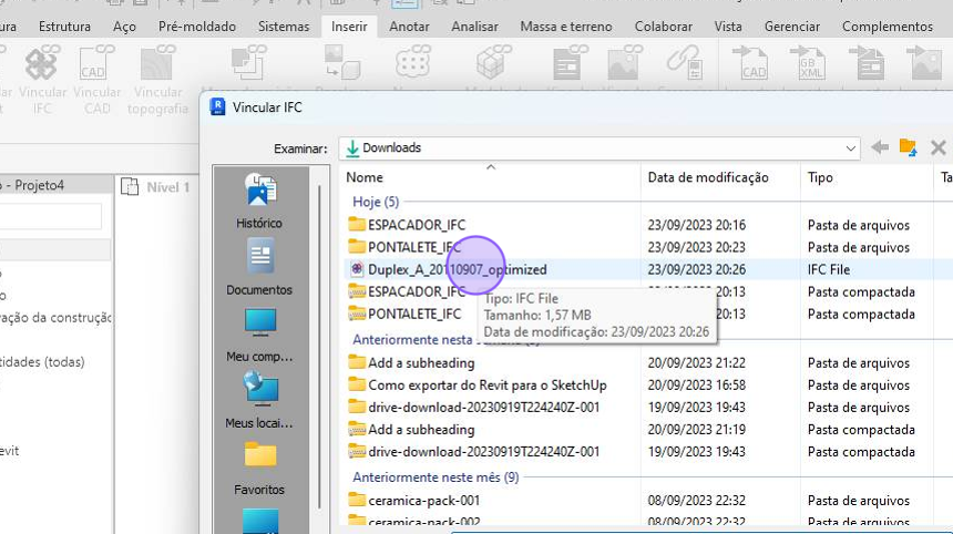 Screenshot of: Selecione o arquivo IFC que você quer importar para o Revit