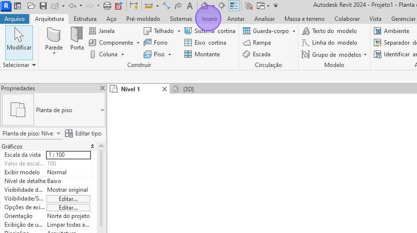 Screenshot of: Com o Revit aberto, clique em "Inserir"