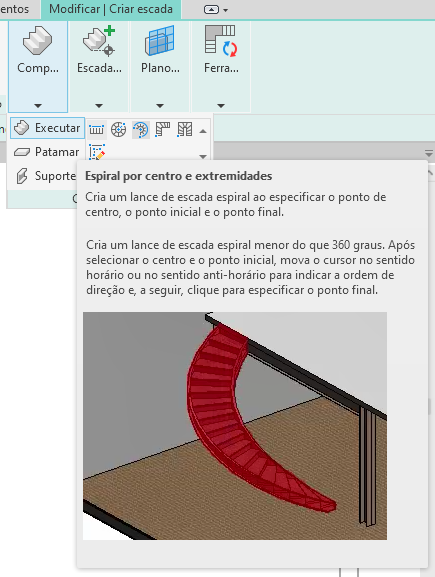 Tutorial sobre como criar escadas no Revit: imagem da tela do Revit com destaque para a ferramenta de espiral por centro e extremidades